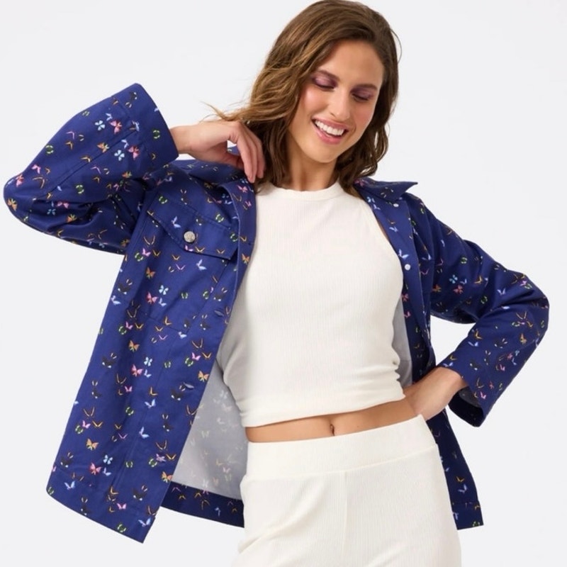 Terez Twill Butterfly Shirt Jacket Shacket Button Midnight Butterflies M Medium